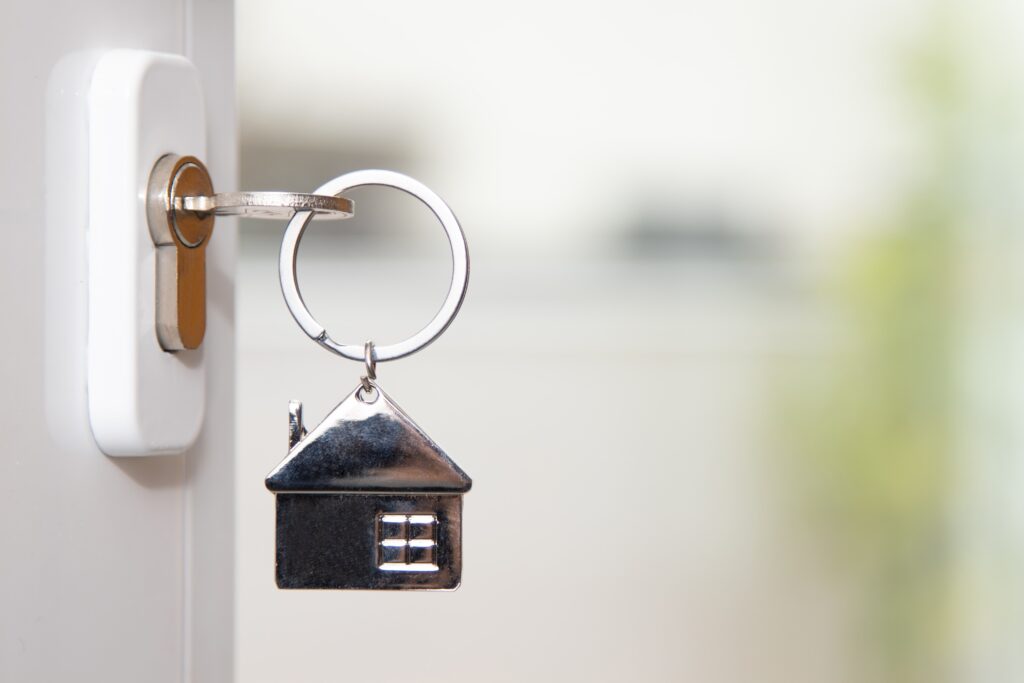 Door of house with key in it